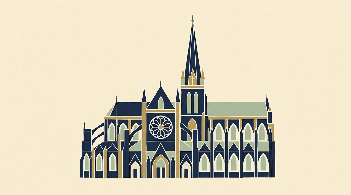 Illustration of a Gothic cathedral in flat navy, cream and gold, with a spire and a rose window.