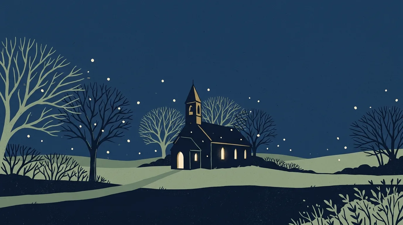 Illustration of a small country church at dusk in winter, lit windows against a deep blue sky.