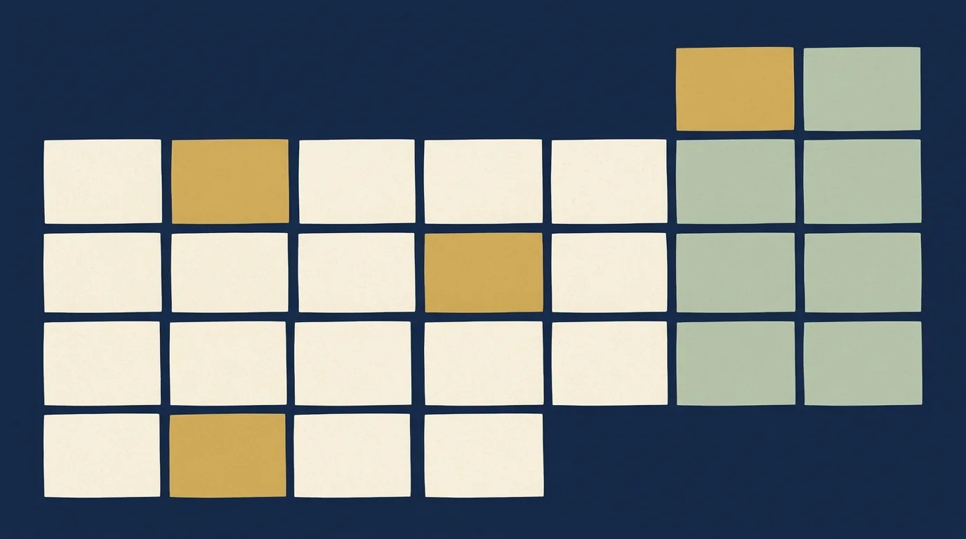 Illustration of a calendar grid in navy and cream, with a few days marked in gold.
