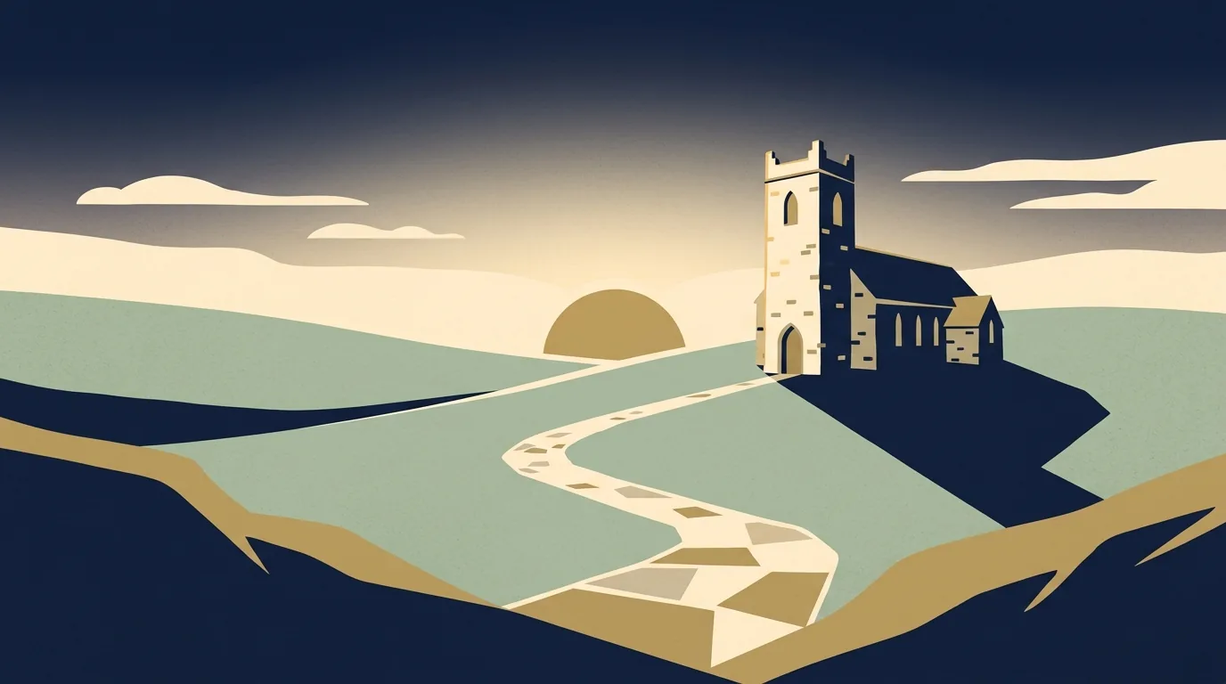 Illustration of dawn breaking over a stone church on a hillside, first light on the tower.