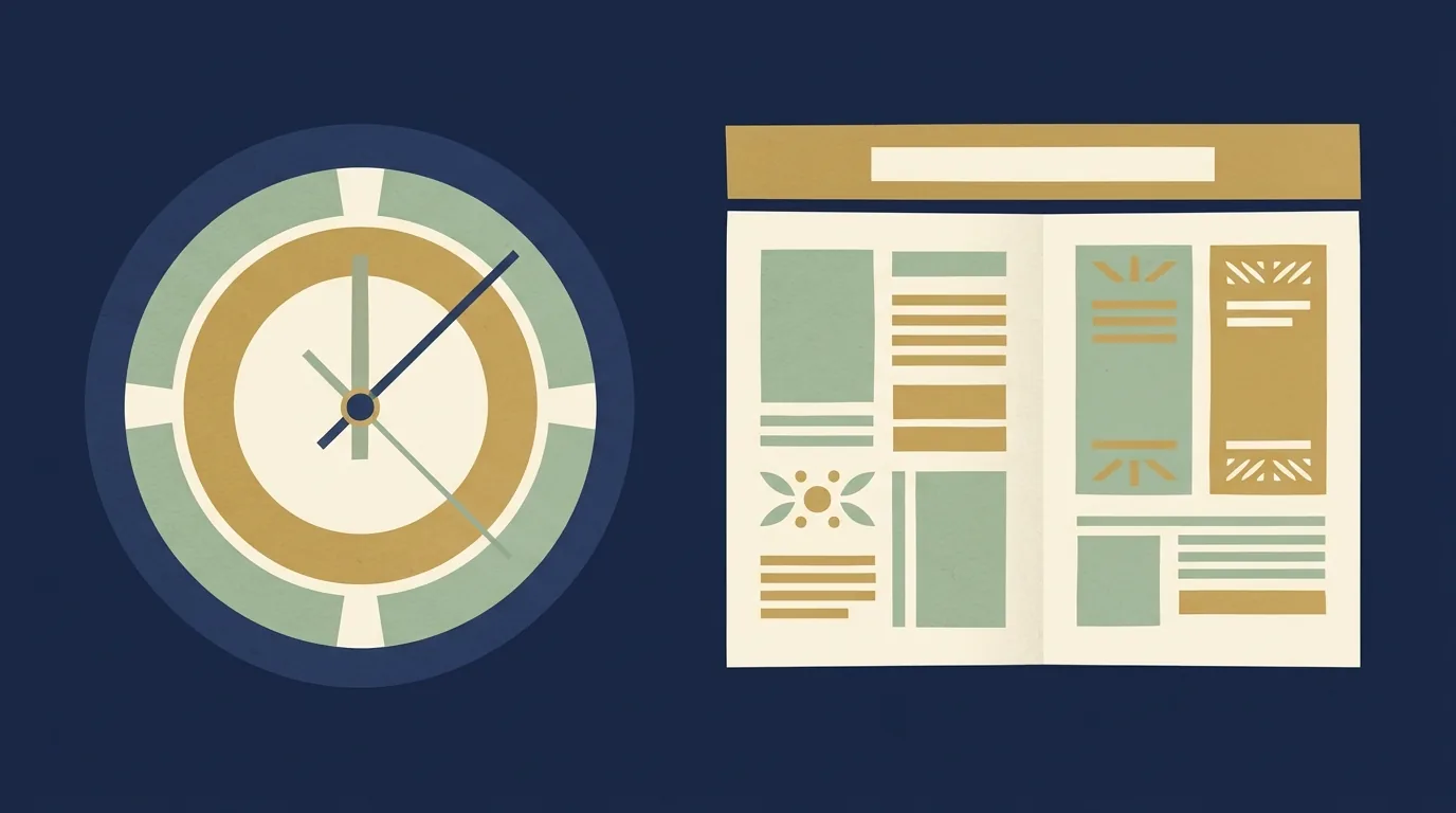 Illustration of an abstract clock face beside a parish noticeboard, in navy and cream.