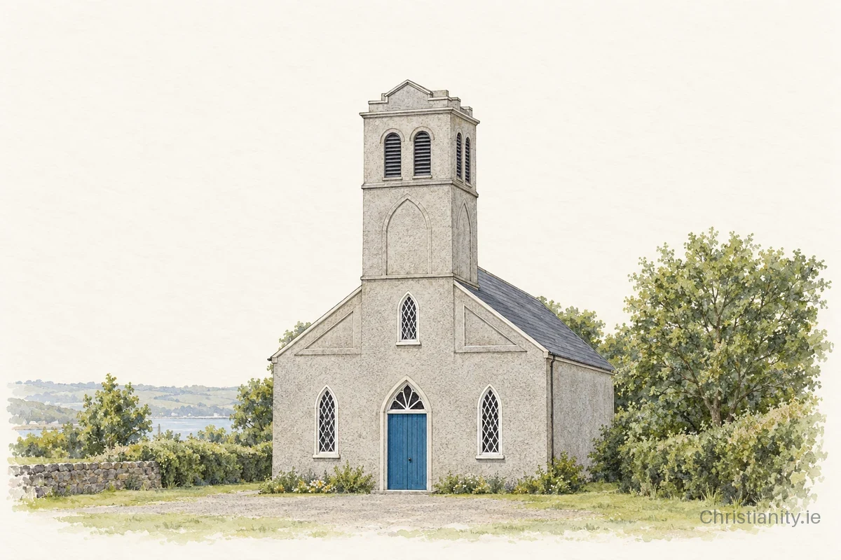 Watercolour and ink illustration of Aghada Presbyterian Church