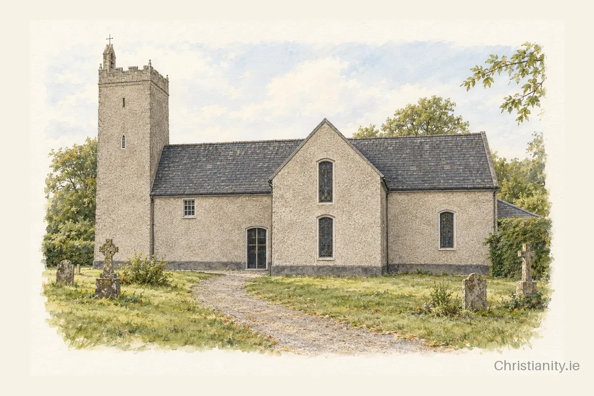 Watercolour and ink illustration of All Saints, Knockmoylan