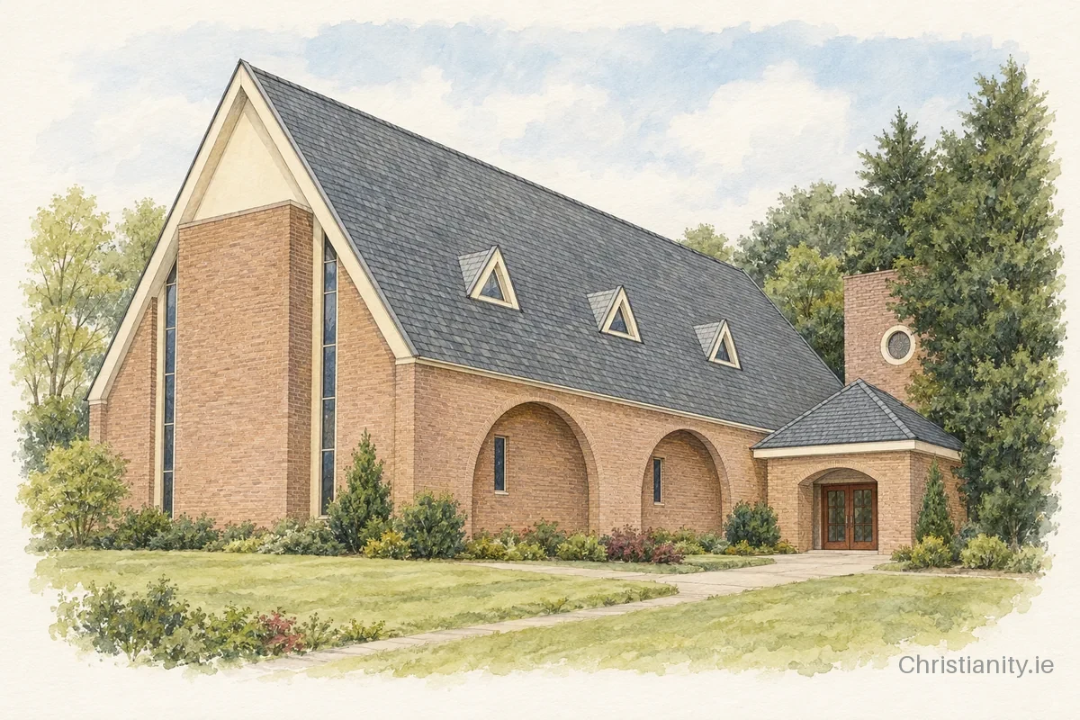 Watercolour and ink illustration of Ballee Presbyterian Church