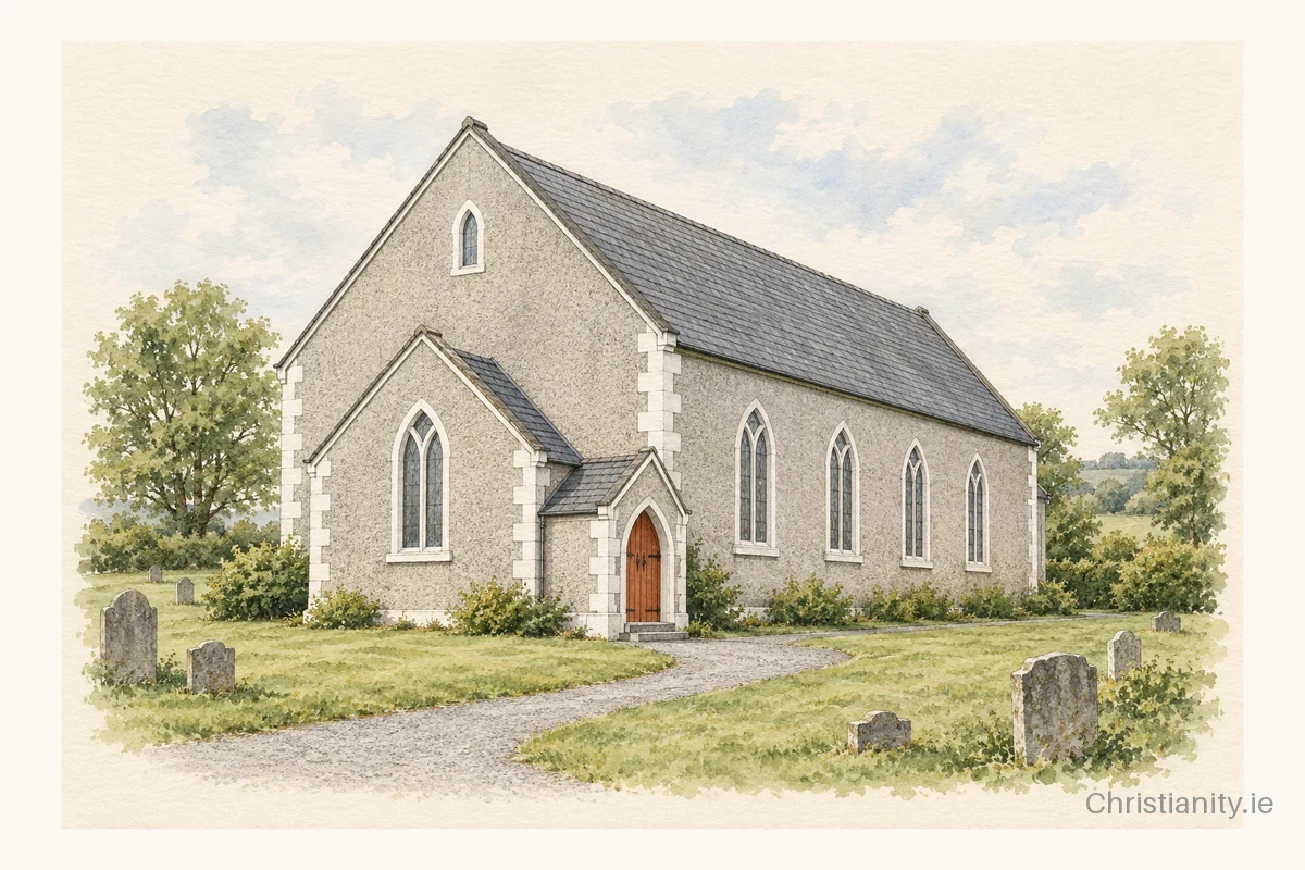 Watercolour and ink illustration of Ballyalbany Presbyterian Church