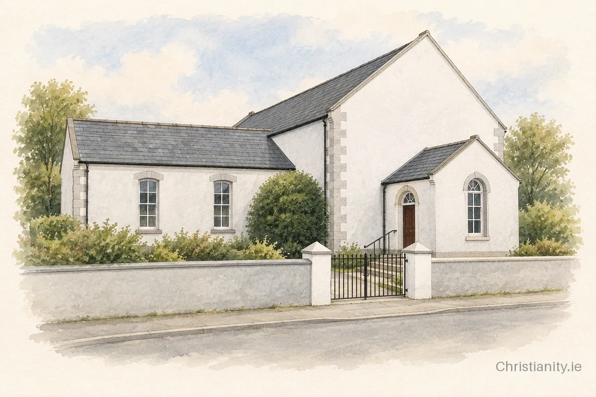 Watercolour and ink illustration of Ballycarry Old Presbyterian Church