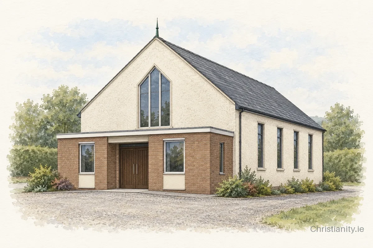 Watercolour and ink illustration of Ballyclare Evangelical Presbyterian Church
