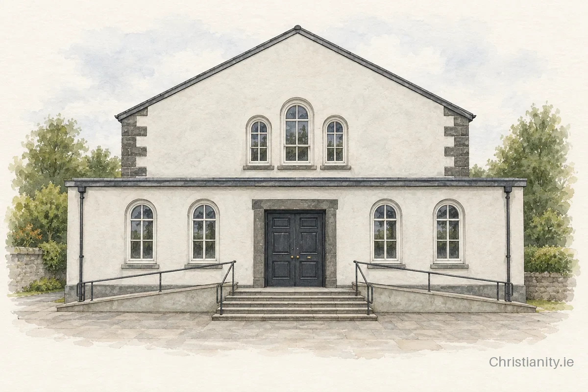 Watercolour and ink illustration of Ballyclare Methodist Church