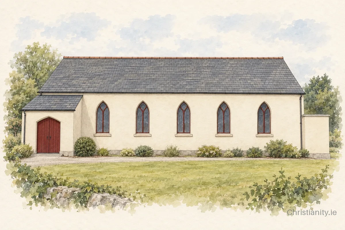 Watercolour and ink illustration of Ballyclare Old Presbyterian Church