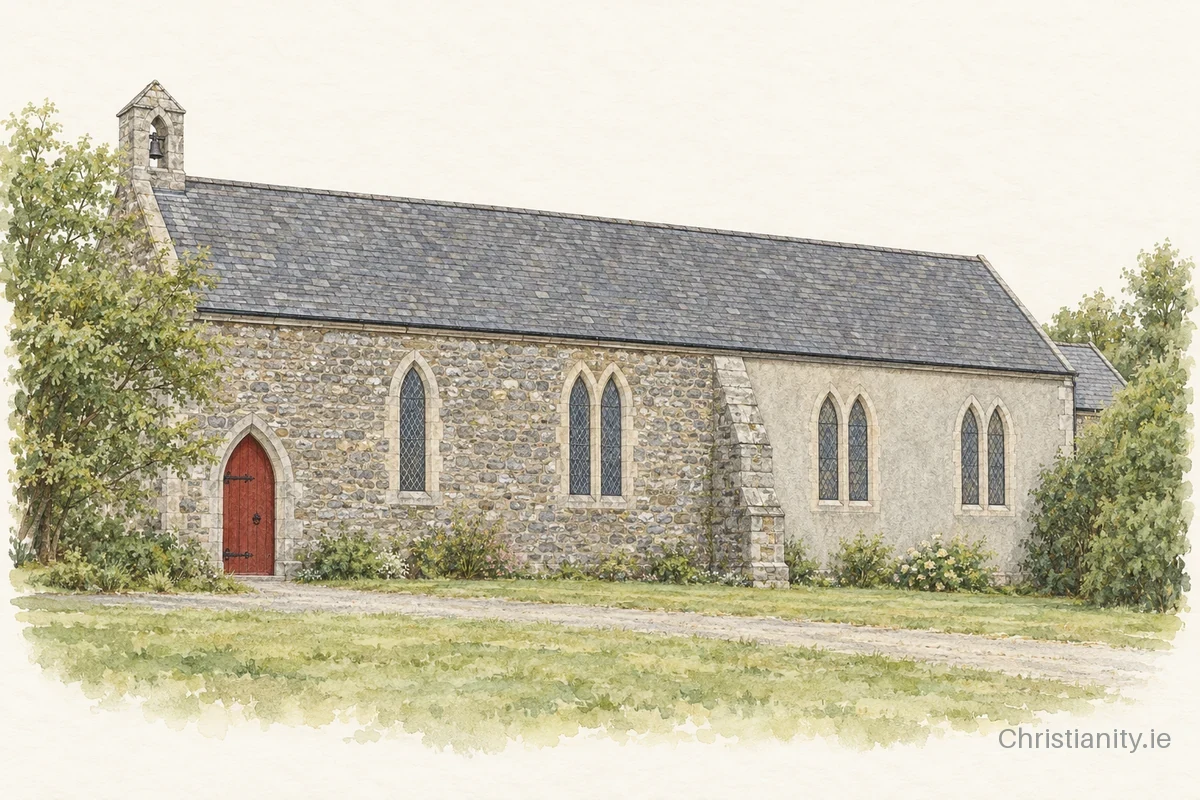 Watercolour and ink illustration of Ballydehob St Matthias