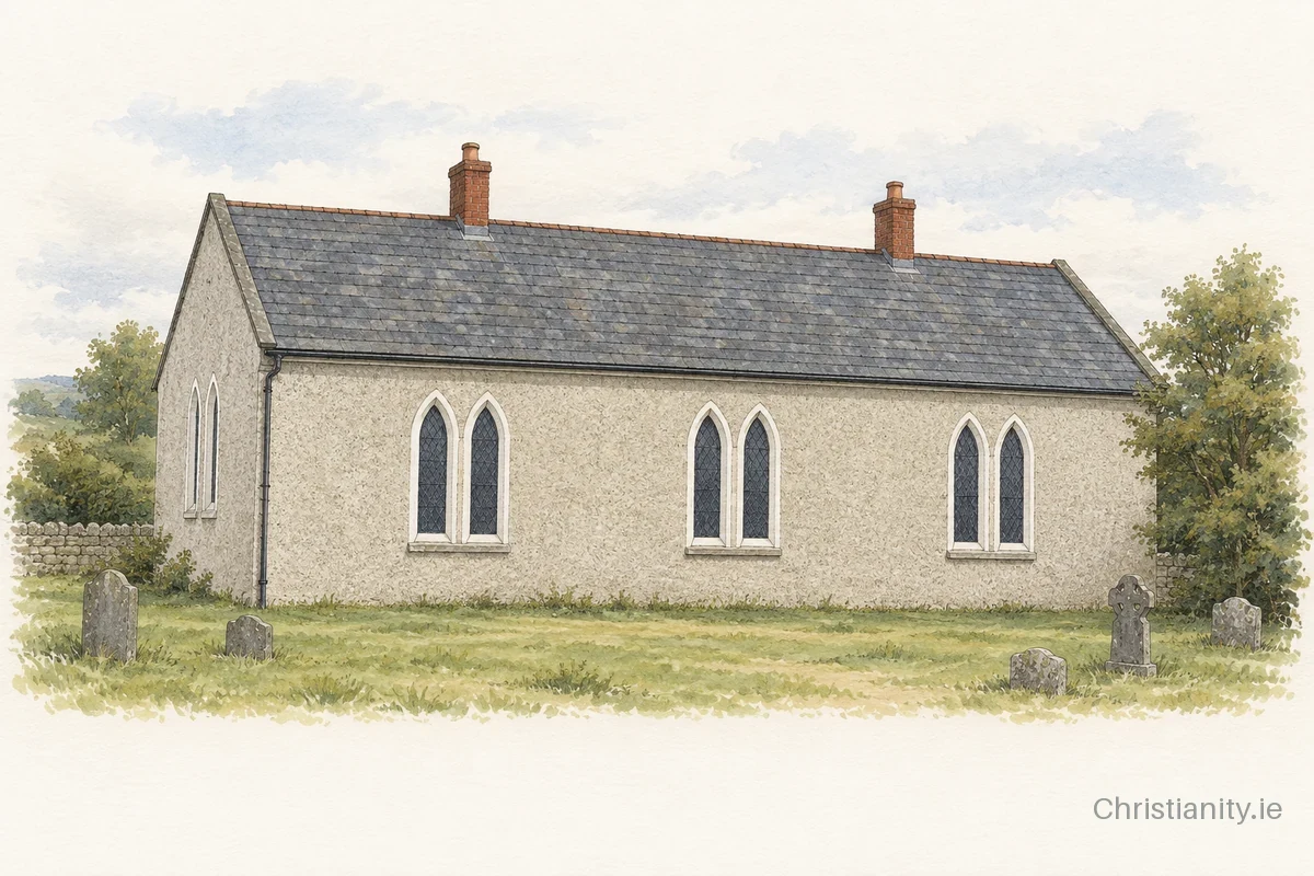 Watercolour and ink illustration of Ballyhobridge Presbyterian Church