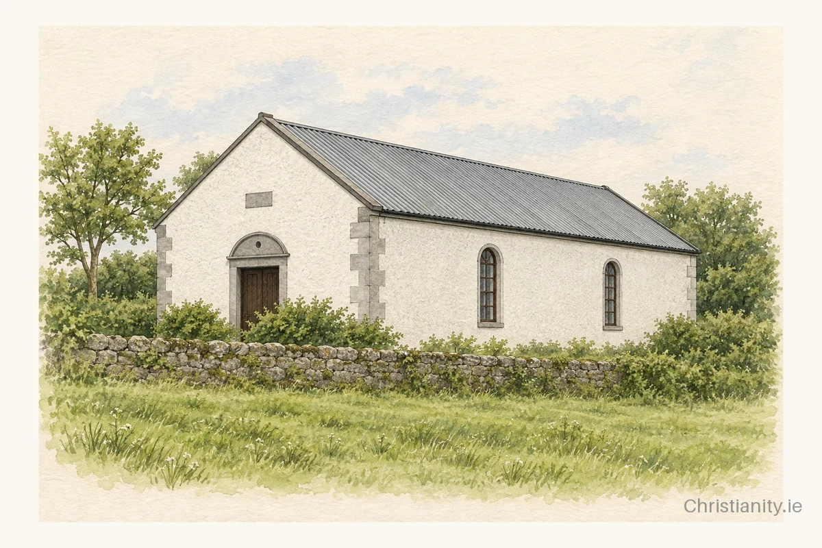 Watercolour and ink illustration of Ballyhuppahaun Methodist Church