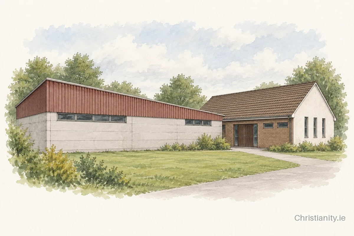 Watercolour and ink illustration of Ballykeel Pentecostal Church