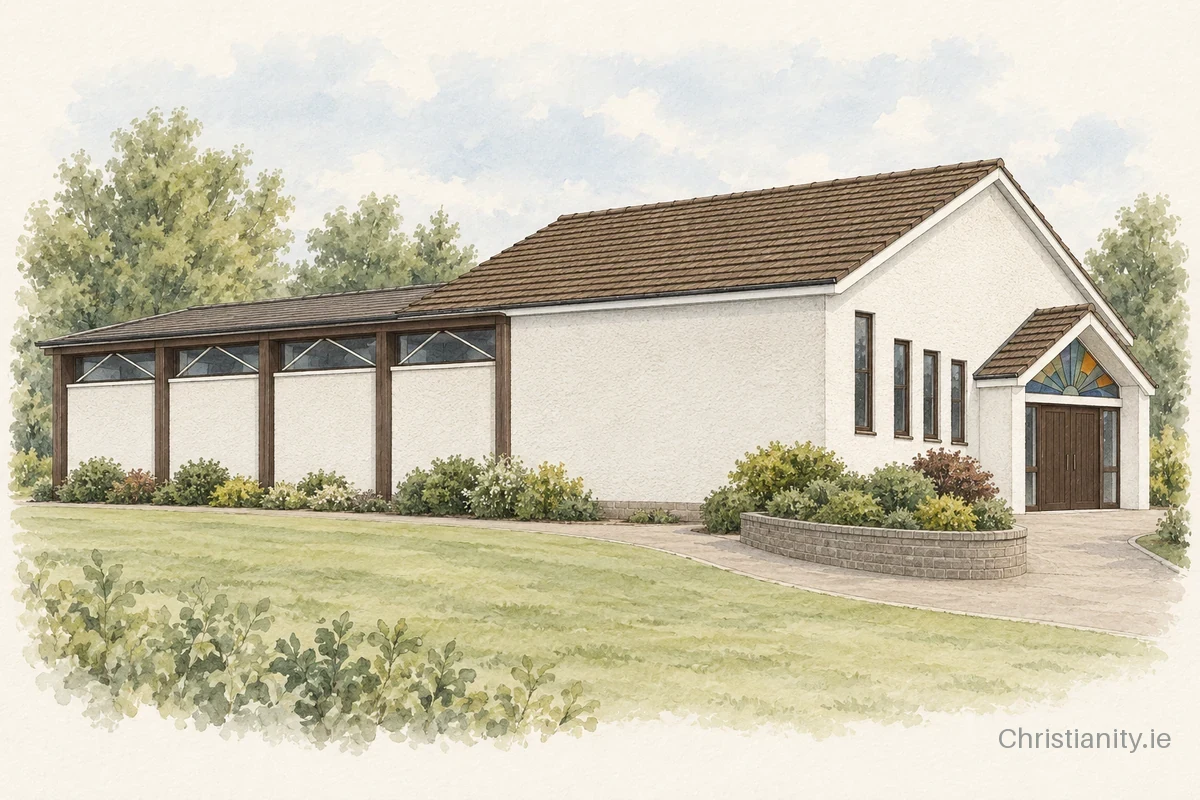 Watercolour and ink illustration of Ballykeel Presbyterian Church