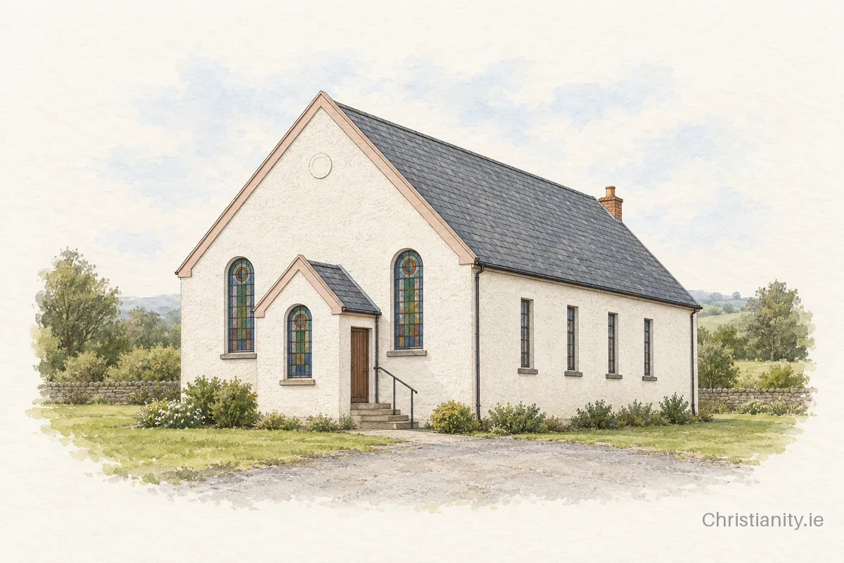 Watercolour and ink illustration of Ballylinney Presbyterian Church