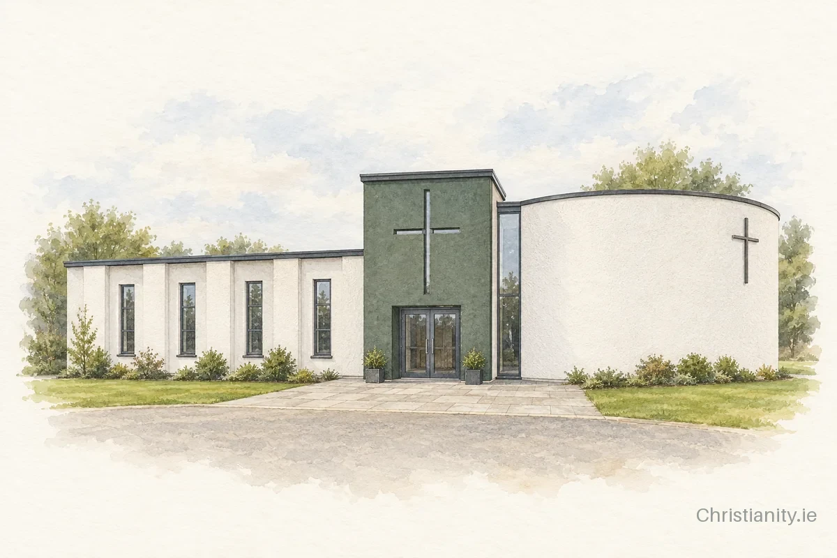 Watercolour and ink illustration of Ballyloughan Presbyterian Church