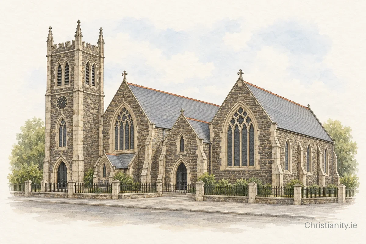 Watercolour and ink illustration of Ballymacarrett St Patrick