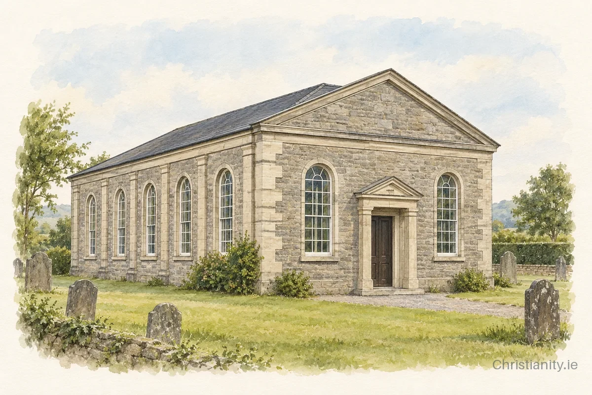 Watercolour and ink illustration of Banagher Presbyterian Church
