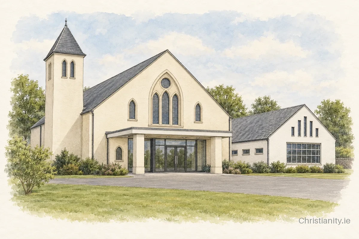 Watercolour and ink illustration of Banbridge Free Presbyterian Church