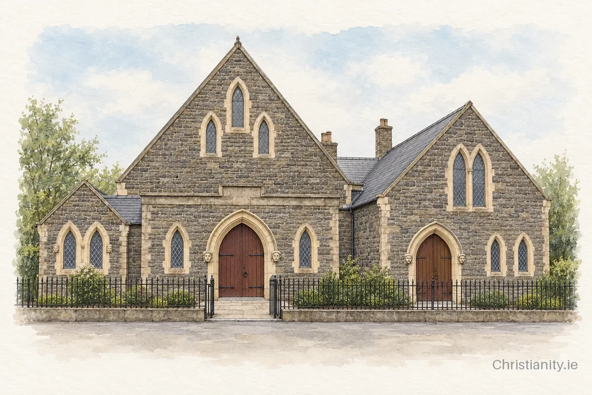 Watercolour and ink illustration of Belfast Non-Subscribing Presbyterian Church