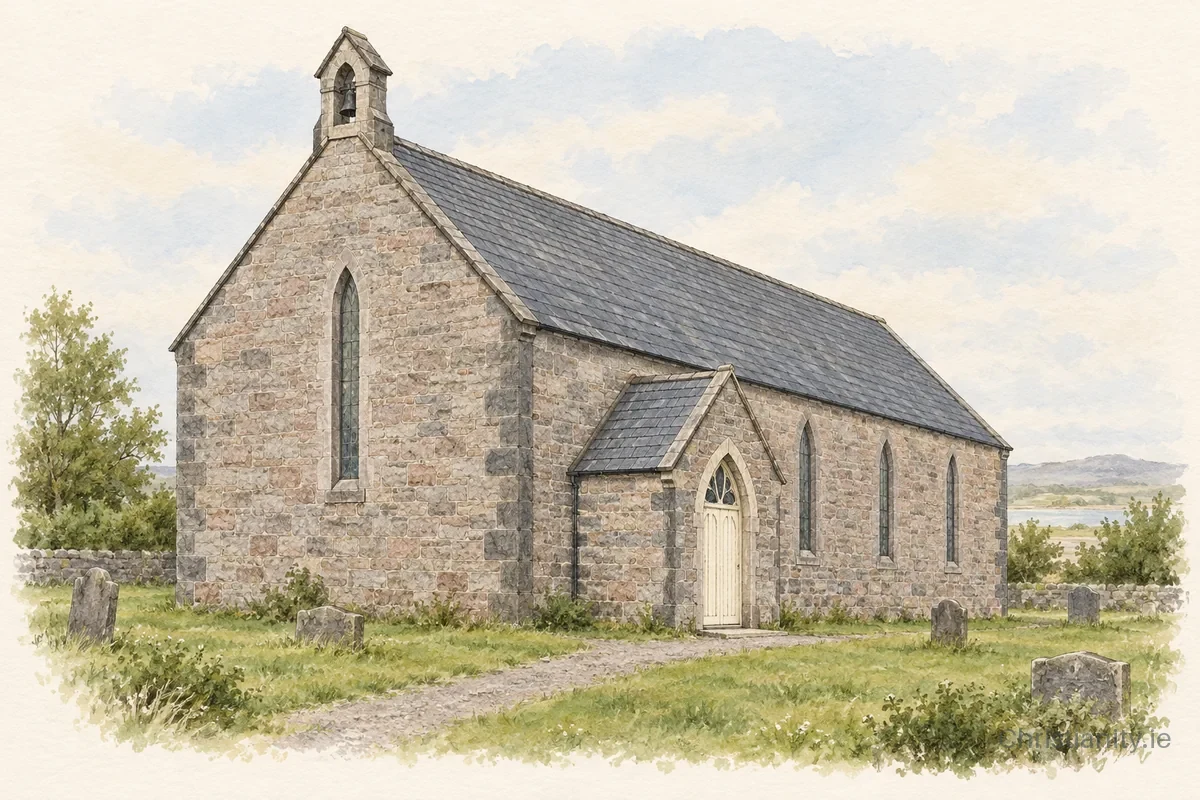 Watercolour and ink illustration of Belmullet Church of Ireland
