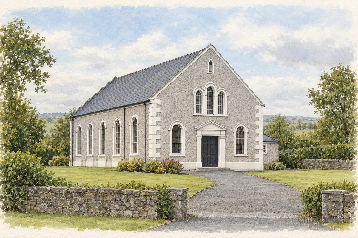 Watercolour and ink illustration of Bready Reformed Presbyterian Church