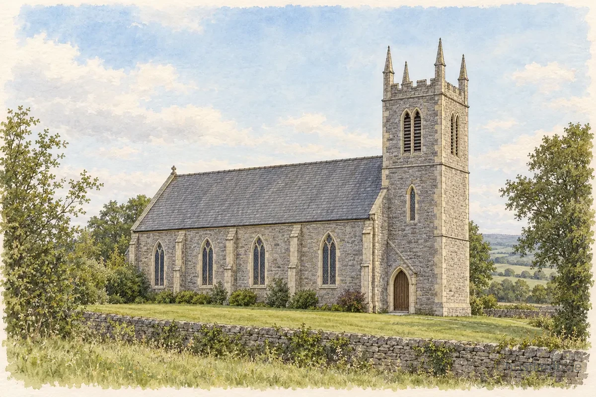 Watercolour and ink illustration of Brigh Presbyterian Church