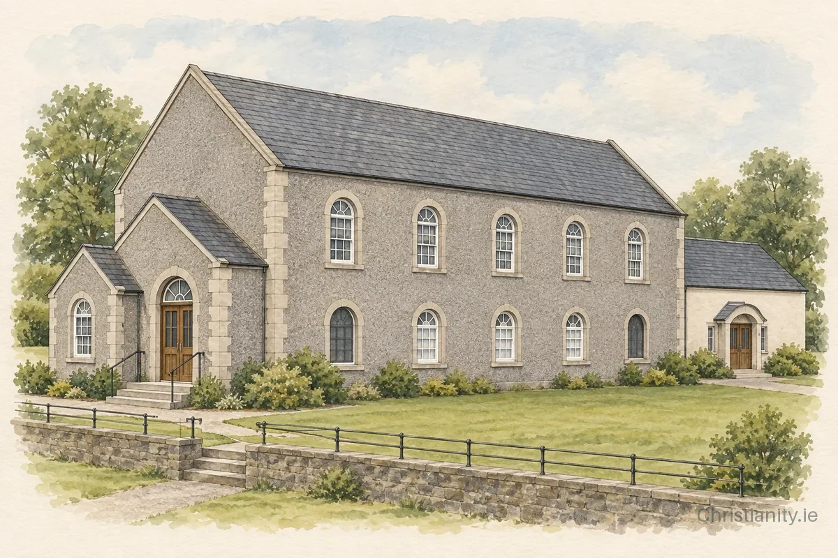 Watercolour and ink illustration of Cairncastle Presbyterian Church