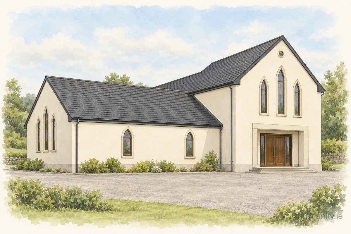 Watercolour and ink illustration of Carryduff Free Presbyterian Church