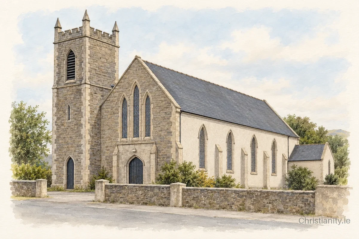 Watercolour and ink illustration of Castlerock Presbyterian Church