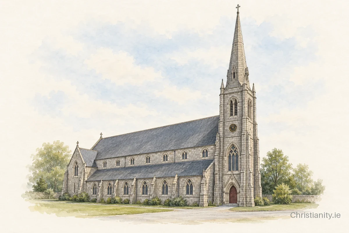 Watercolour and ink illustration of Cathedral of the Annunciation and Saint Nathy, Ballaghadrreenn