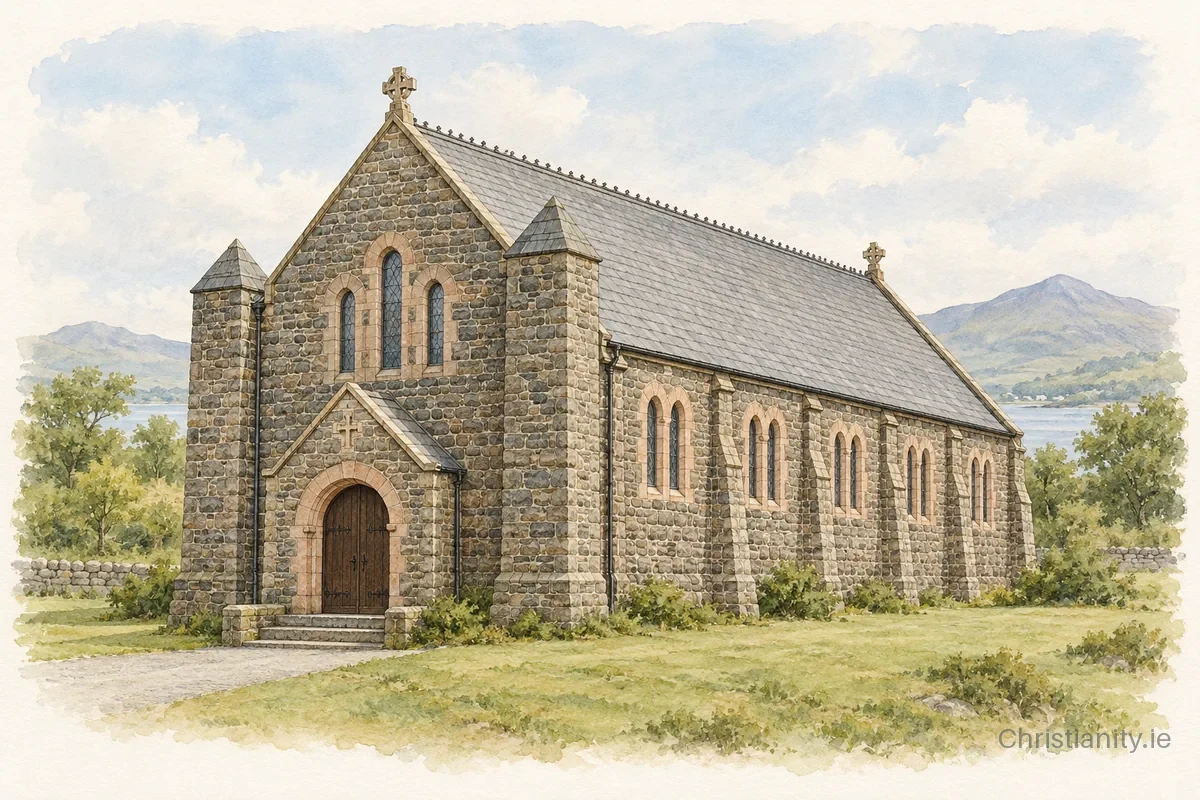 Watercolour and ink illustration of Church of Mary Immaculate, Achill Sound