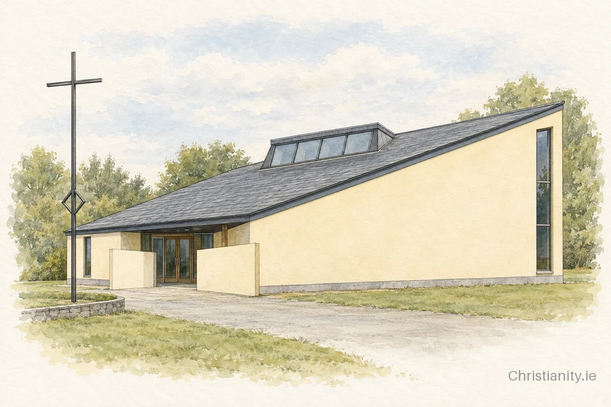 Watercolour and ink illustration of Church of Our Lady of Lourdes, Abbeyshrule