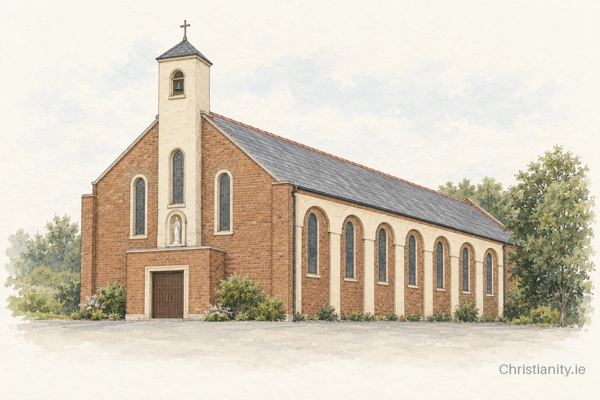 Watercolour and ink illustration of Church of Our Lady of Lourdes, Ballinlough