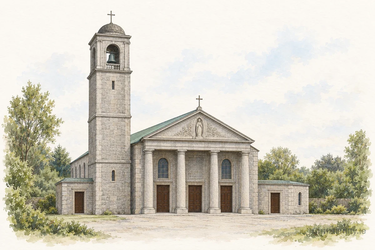 Watercolour and ink illustration of Church of Our Lady of Lourdes, Drogheda