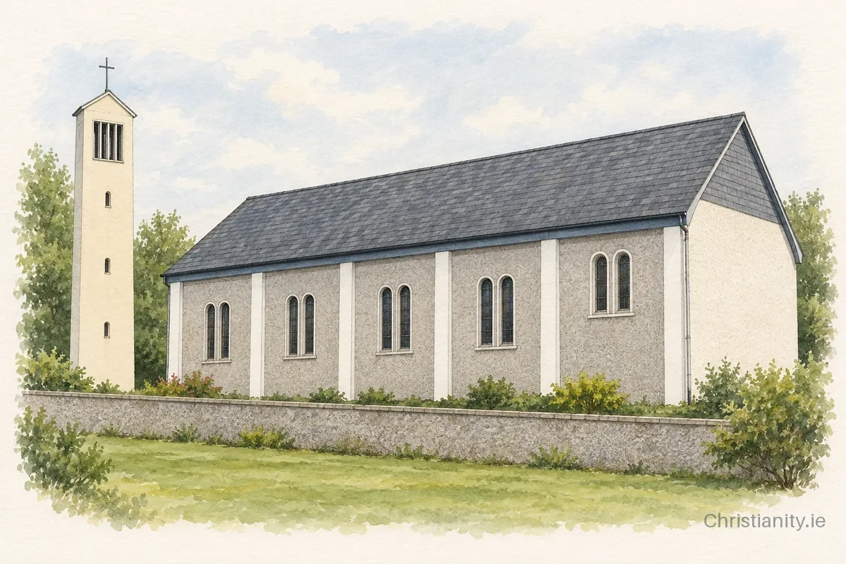 Watercolour and ink illustration of Church of Our Lady of Lourdes, Glencastle
