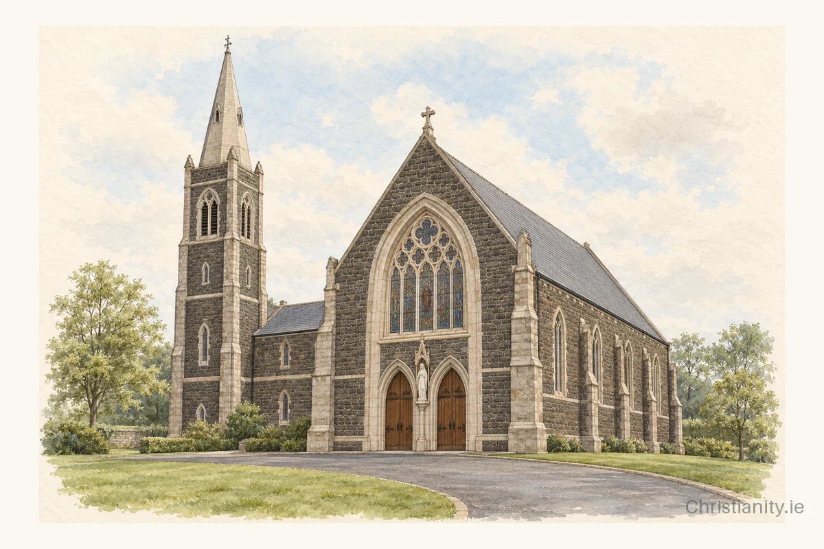 Watercolour and ink illustration of Church of Our Lady of Lourdes