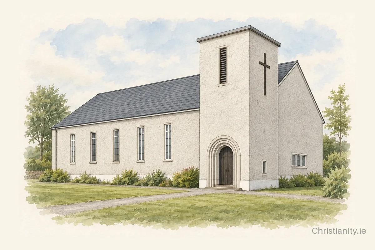 Watercolour and ink illustration of Church of our Lady of Perpetual Succour, Shrone