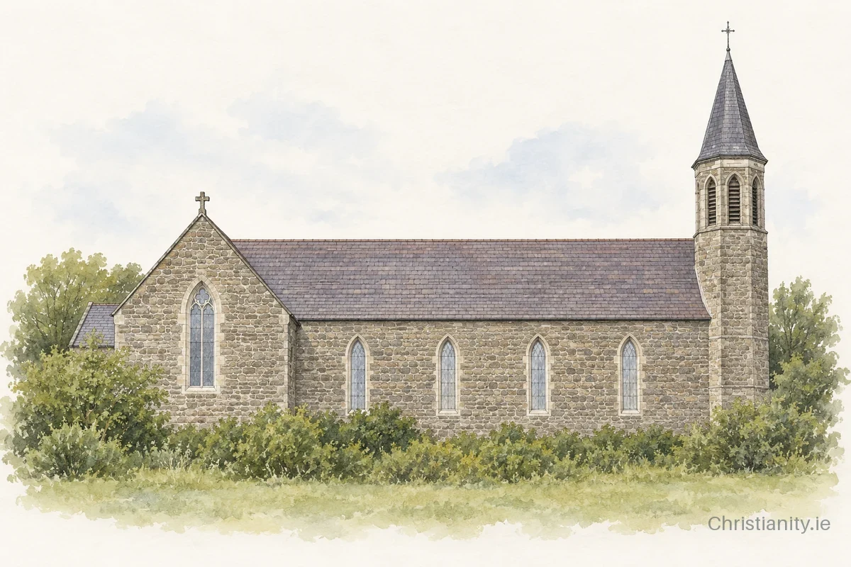Watercolour and ink illustration of Church of Our Lady, Star of the Sea, and St. Patrick