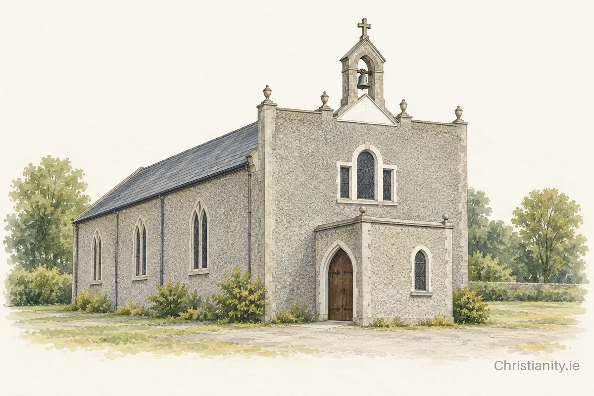 Watercolour and ink illustration of Church of St Aidan