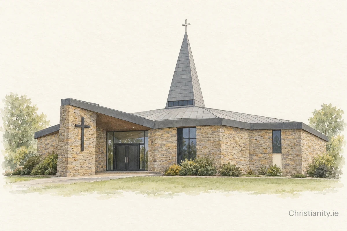 Watercolour and ink illustration of Church of St Aidan