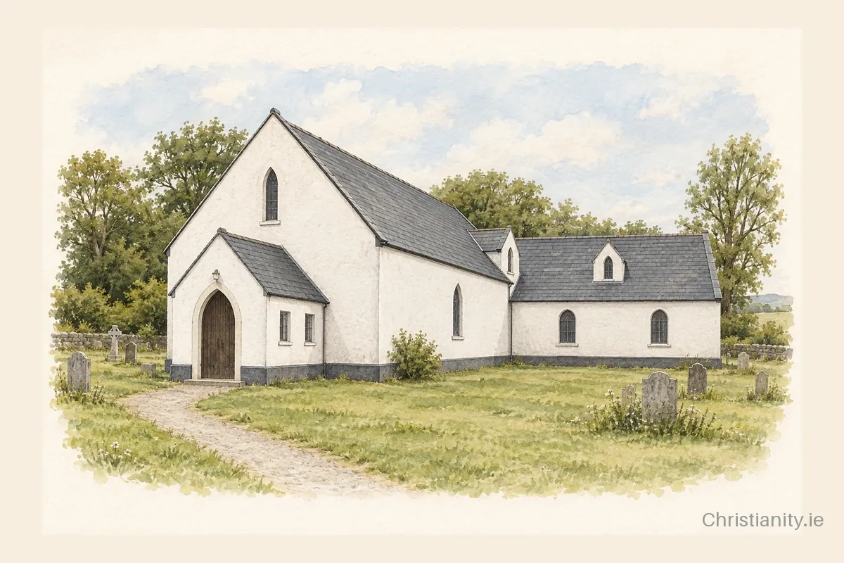 Watercolour and ink illustration of Church of St Aidan