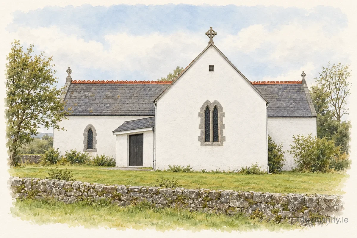 Watercolour and ink illustration of Church of St Attracta