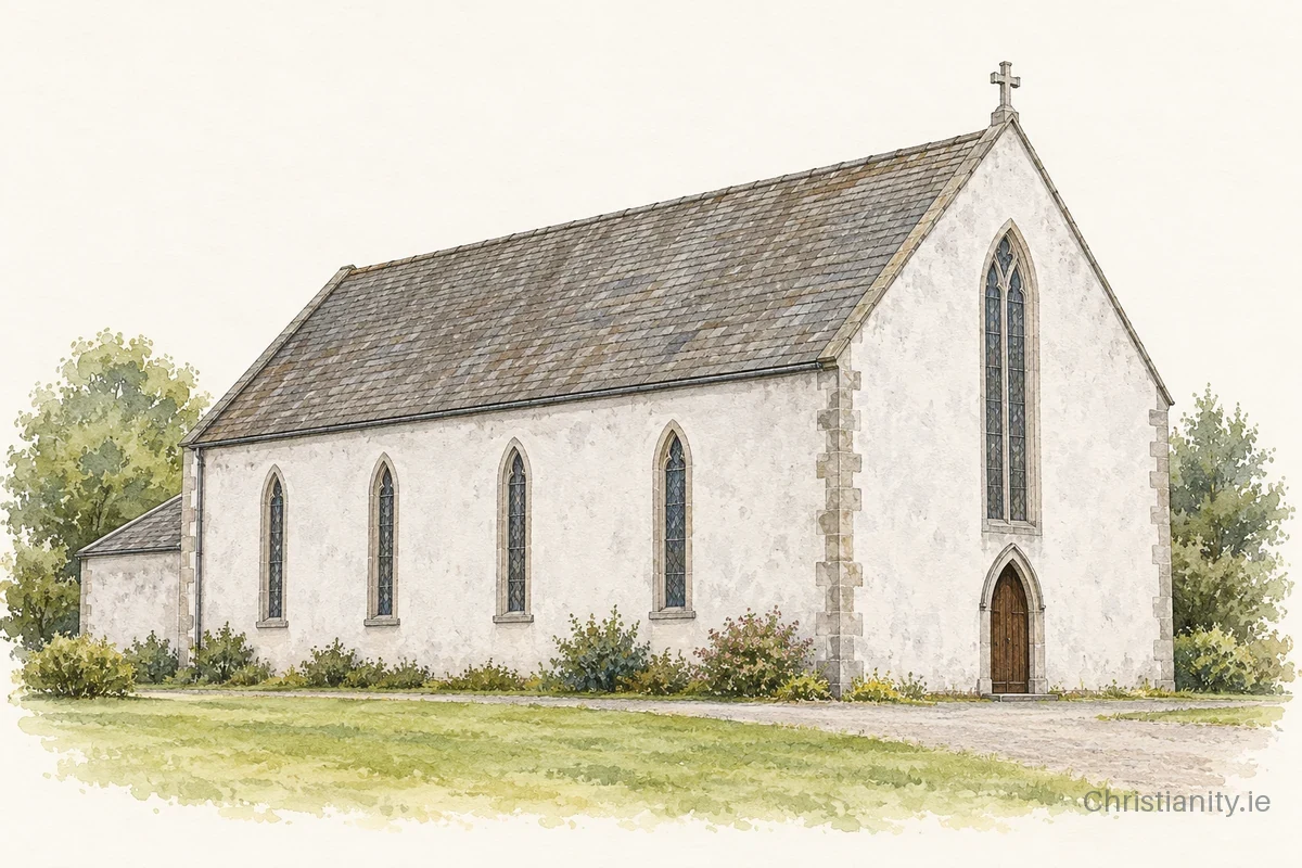 Watercolour and ink illustration of Church of St Bartholomew, Rossmacowen