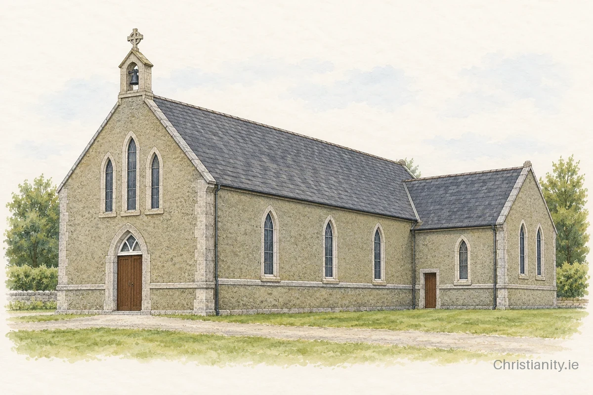 Watercolour and ink illustration of Church of St Brendan