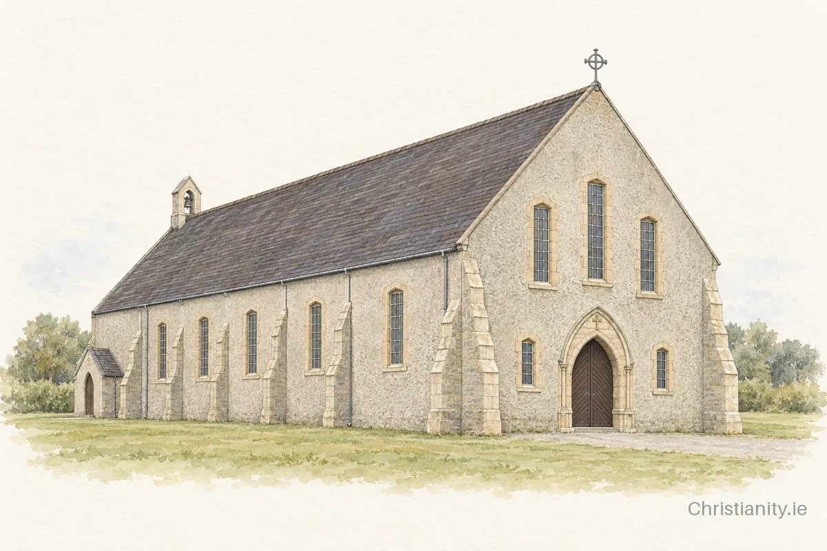Watercolour and ink illustration of Church of St Brigid