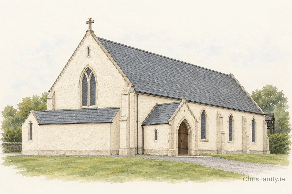 Watercolour and ink illustration of Church of St Brigid
