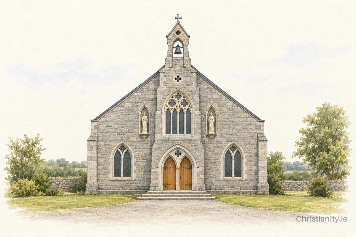 Watercolour and ink illustration of Church of St Colman