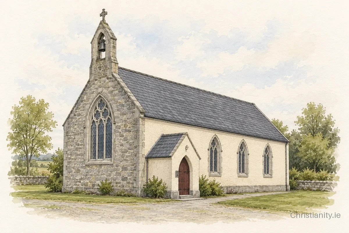 Watercolour and ink illustration of Church of St Colman