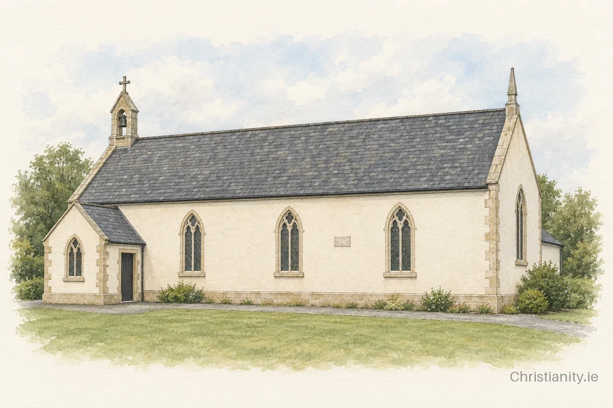 Watercolour and ink illustration of Church of St Columba